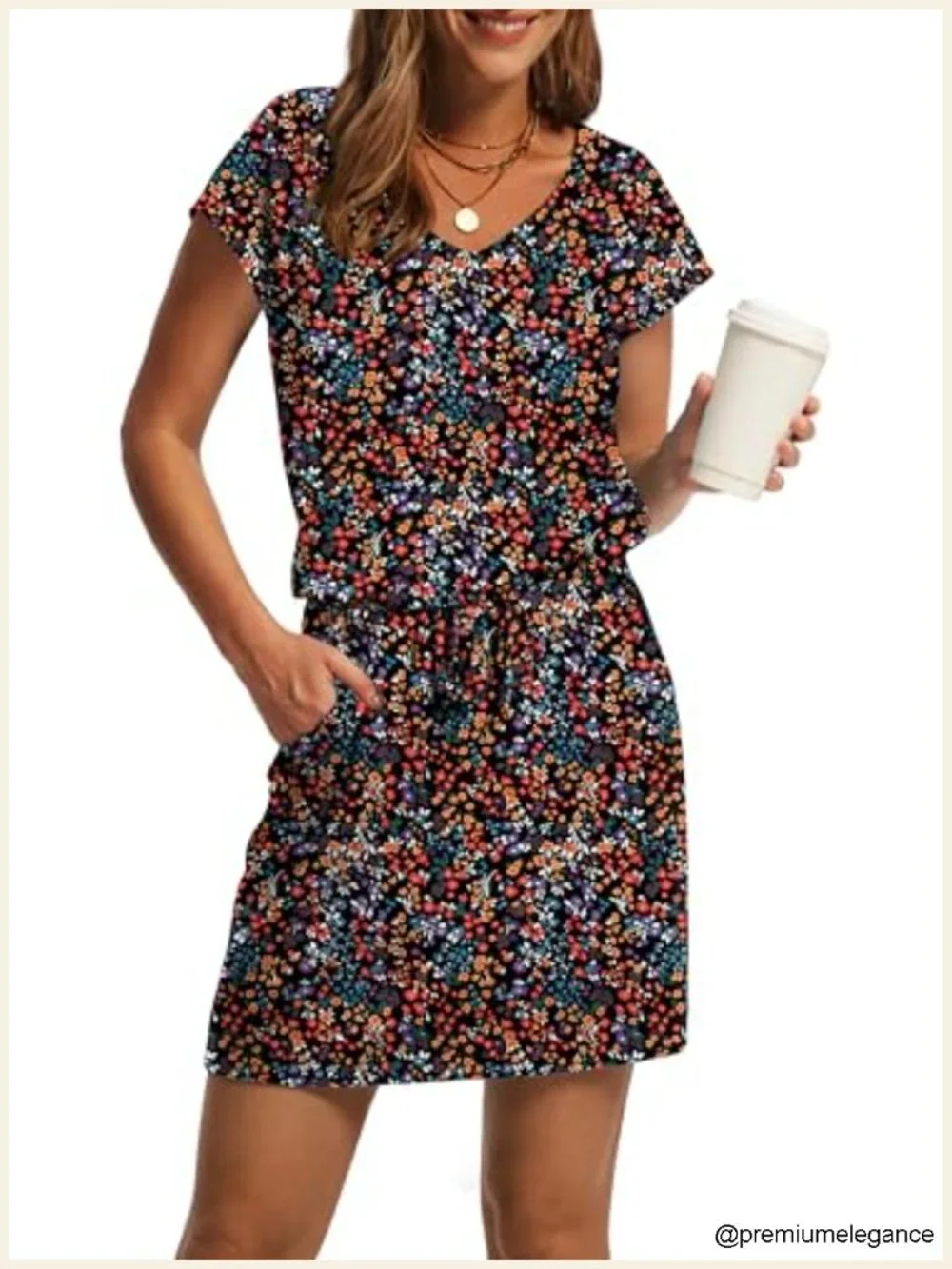 V Neck T Shirt Mini Dress with Pockets Tie Waist Sundress 95% Polyester 5%